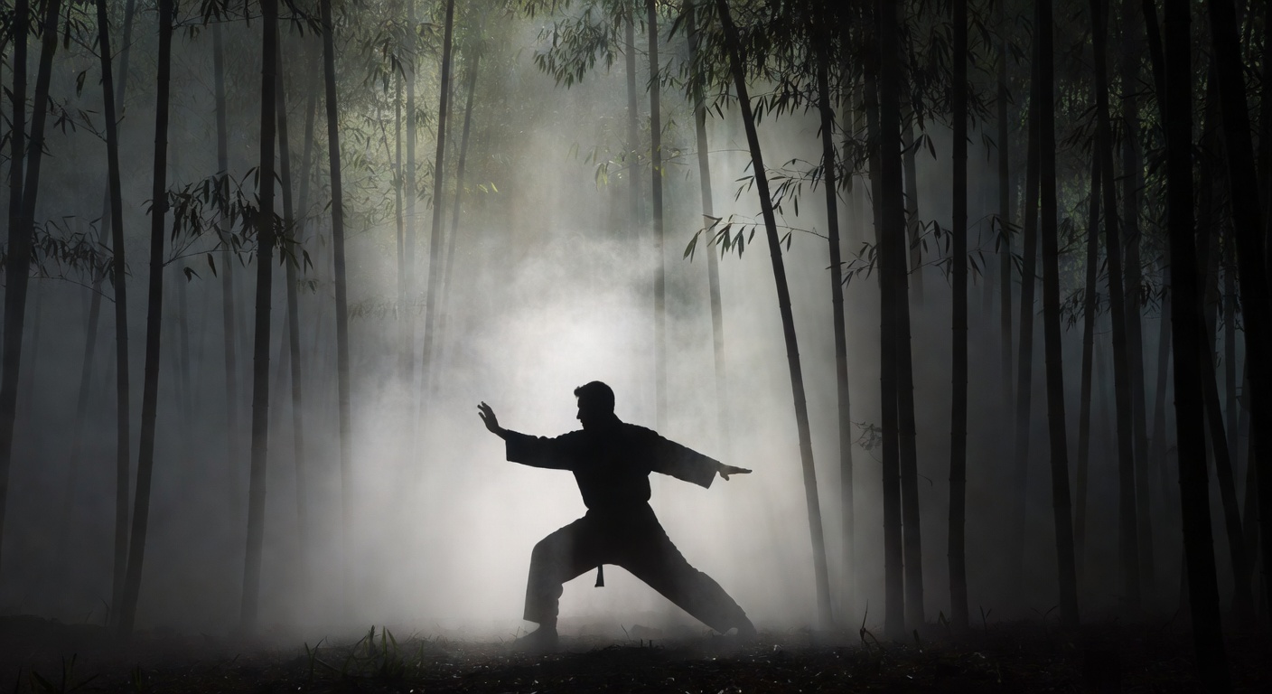 Silhouette of a martial artist practicing in a mist-filled bamboo forest